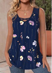 Floral Print Lace Navy Sleeveless V Neck Tank Top