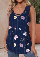 Floral Print Lace Navy Sleeveless V Neck Tank Top