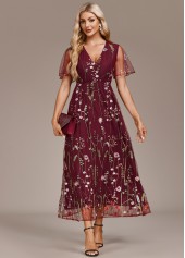 Embroidery Wine Red Short Sleeve V Neck Dress