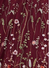 Embroidery Wine Red Short Sleeve V Neck Dress