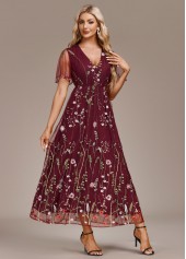 Embroidery Wine Red Short Sleeve V Neck Dress
