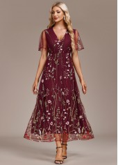 Embroidery Wine Red Short Sleeve V Neck Dress