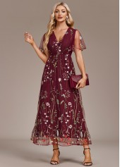 Embroidery Wine Red Short Sleeve V Neck Dress