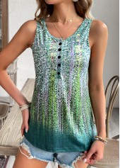 Ombre Button Green Sleeveless Scoop Neck Tank Top