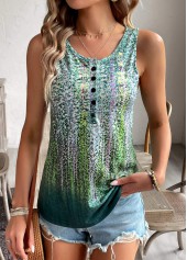 Ombre Button Green Sleeveless Scoop Neck Tank Top