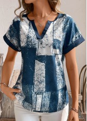 Geometric Print Split Peacock Blue Short Sleeve T Shirt