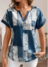 Geometric Print Split Peacock Blue Short Sleeve T Shirt