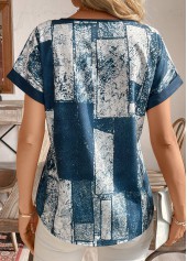 Geometric Print Split Peacock Blue Short Sleeve T Shirt