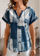 Geometric Print Split Peacock Blue Short Sleeve T Shirt
