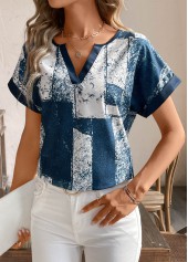 Geometric Print Split Peacock Blue Short Sleeve T Shirt