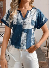 Geometric Print Split Peacock Blue Short Sleeve T Shirt