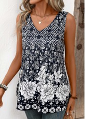 Random Floral Print Lightweight Navy Sleeveless Tank Top