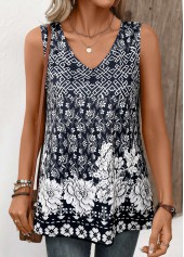 Random Floral Print Lightweight Navy Sleeveless Tank Top