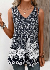 Random Floral Print Lightweight Navy Sleeveless Tank Top