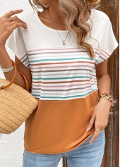 Striped Terracotta Short Sleeve Round Neck T Shirt