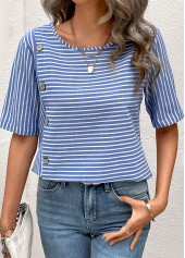 Striped Button Blue Short Sleeve Round Neck Blouse