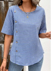 Striped Button Blue Short Sleeve Round Neck Blouse