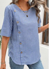 Striped Button Blue Short Sleeve Round Neck Blouse