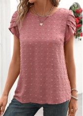 Jacquard Dark Reddish Purple Short Sleeve Round Neck Blouse