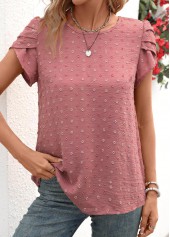 Jacquard Dark Reddish Purple Short Sleeve Round Neck Blouse