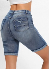 Denim Blue Skinny Button Fly Pocket High Waisted Shorts