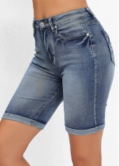 Denim Blue Skinny Button Fly Pocket High Waisted Shorts