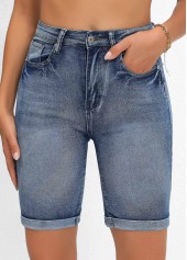 Denim Blue Skinny Button Fly Pocket High Waisted Shorts