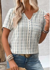 Striped Split Light Green Short Sleeve Blouse