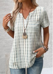 Striped Split Light Green Short Sleeve Blouse