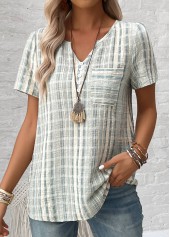 Striped Split Light Green Short Sleeve Blouse