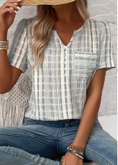Striped Split Light Green Short Sleeve Blouse