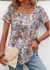 Tribal Print Button Light Coffee Short Sleeve T Shirt