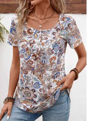Tribal Print Button Light Coffee Short Sleeve T Shirt