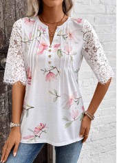 Floral Print Tuck Stitch White Half Sleeve T Shirt