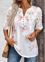Floral Print Tuck Stitch White Half Sleeve T Shirt