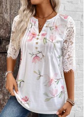 Floral Print Tuck Stitch White Half Sleeve T Shirt