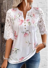 Floral Print Tuck Stitch White Half Sleeve T Shirt