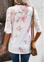 Floral Print Tuck Stitch White Half Sleeve T Shirt