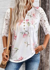 Floral Print Tuck Stitch White Half Sleeve T Shirt