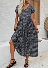 Geometric Print Pocket Black Short Sleeve V Neck Dress