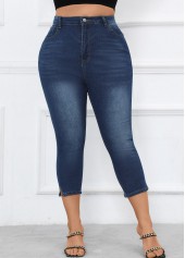 Denim Blue Plus Size Button Skinny High Waisted Pants