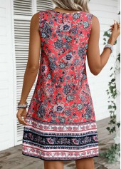 Tribal Print Tummy Coverage Coral Sleeveless Round Neck Dress