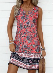Tribal Print Tummy Coverage Coral Sleeveless Round Neck Dress
