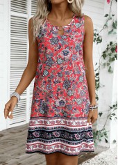 Tribal Print Tummy Coverage Coral Sleeveless Round Neck Dress