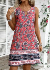 Tribal Print Tummy Coverage Coral Sleeveless Round Neck Dress