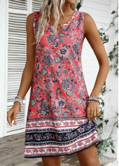 Tribal Print Tummy Coverage Coral Sleeveless Round Neck Dress
