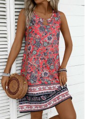 Tribal Print Tummy Coverage Coral Sleeveless Round Neck Dress