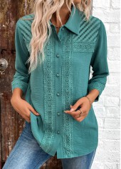 Button Patchwork Turquoise 3/4 Sleeve Shirt