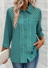 Button Patchwork Turquoise 3/4 Sleeve Shirt
