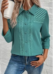 Button Patchwork Turquoise 3/4 Sleeve Shirt